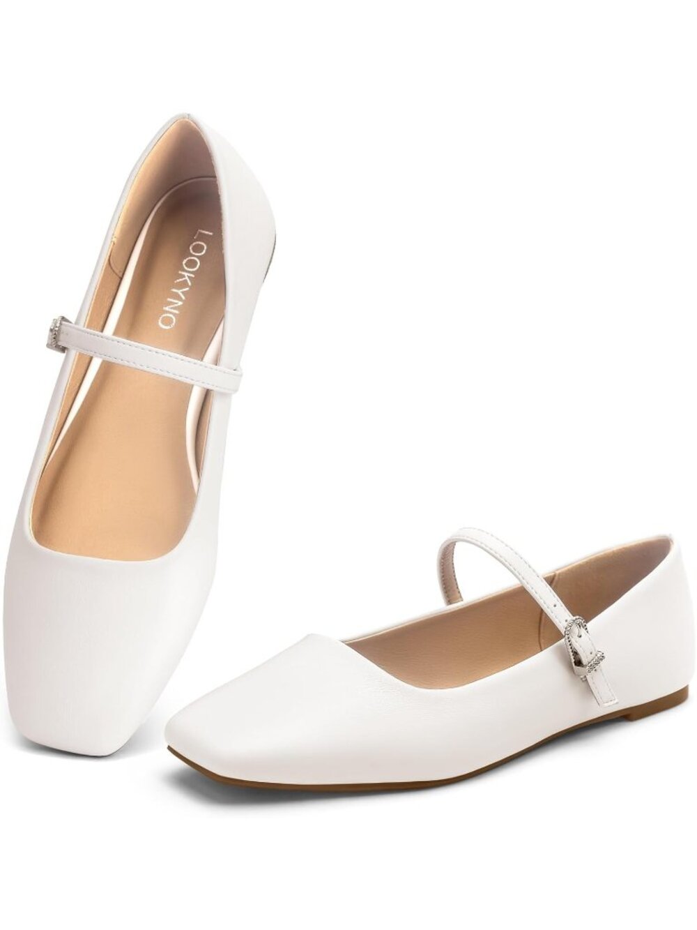 Women's White Leather Adjustable Strap Ballet Mary Jane Closed Toe Flats Shoes